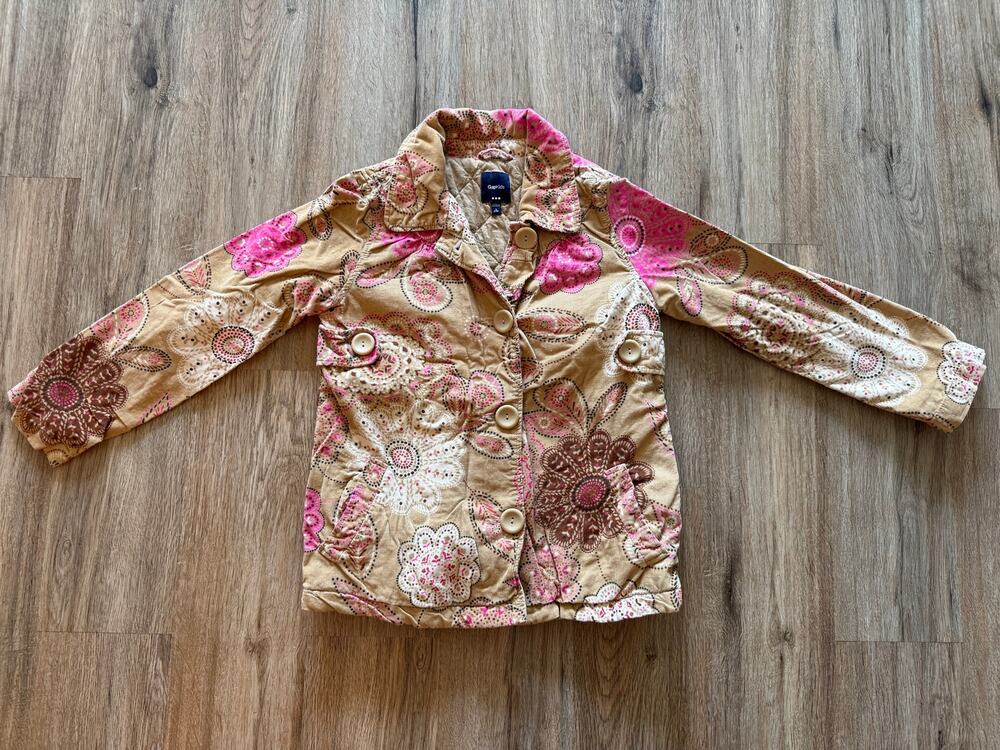 Gap Kids Girls Paisley Corduroy Jacket Sz L 10 Tan Pink Floral Coat